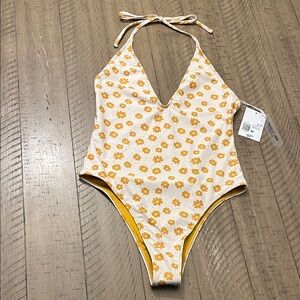 Forever 21 Yellow Floral Halter One-Piece Swimsuit